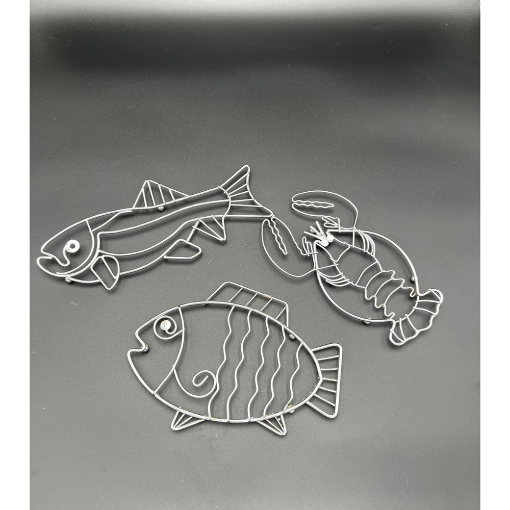 Vintage Silver Chrome Wire Fish and Lobster Trivets Set of 3 Nautical Coastal